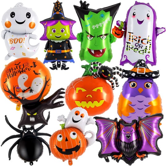 Greentek; 10 Pcs Halloween Foil Balloons Set, Ghost Pumpkin Witch Bat Spider Monster Mylar Balloons, Halloween Party Decorations for Birthday, Haunted House, Photo Backdrop, Wall, Ceiling & Table Decor; Category:Foil Balloons; Image:1